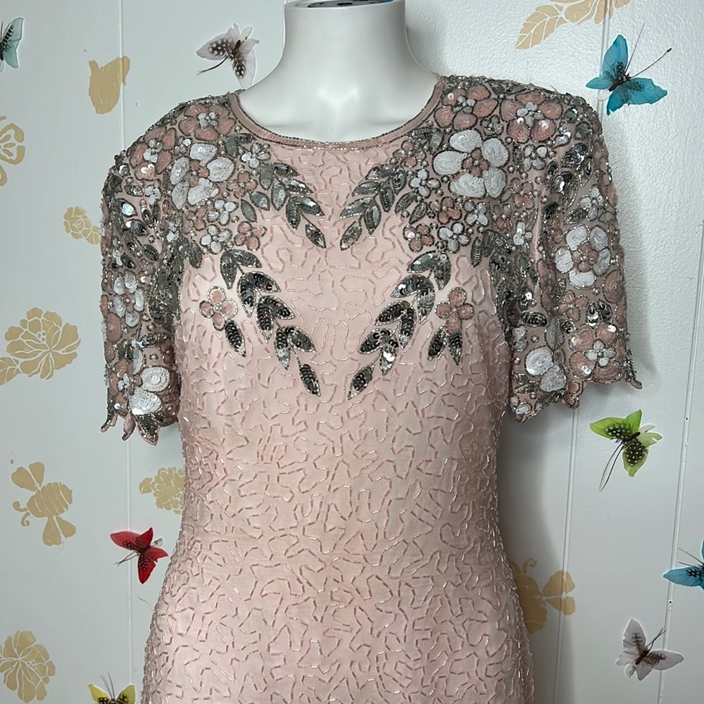 Vintage beaded sequined dress floral, pink & silver tones approx size 6